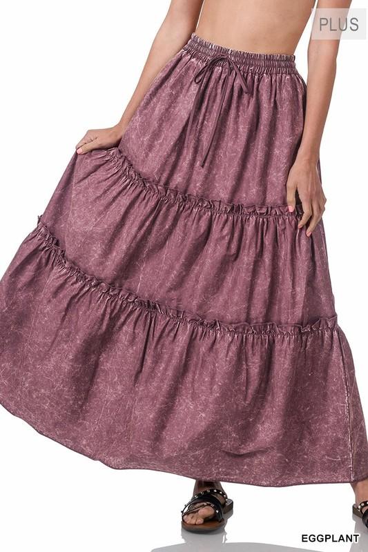 1X 2X 3X Women's Acid Washed Tiered Ruffle Maxi Skirt Woven Poplin 100% Cotton