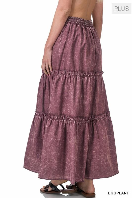 1X 2X 3X Women's Acid Washed Tiered Ruffle Maxi Skirt Woven Poplin 100% Cotton