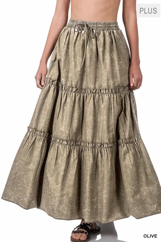 1X 2X 3X Women's Acid Washed Tiered Ruffle Maxi Skirt Woven Poplin 100% Cotton