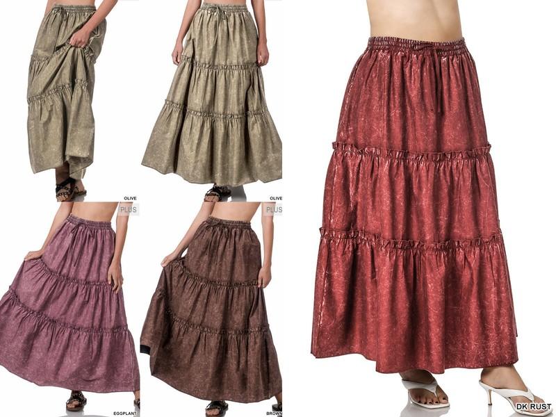 1X 2X 3X Women's Acid Washed Tiered Ruffle Maxi Skirt Woven Poplin 100% Cotton