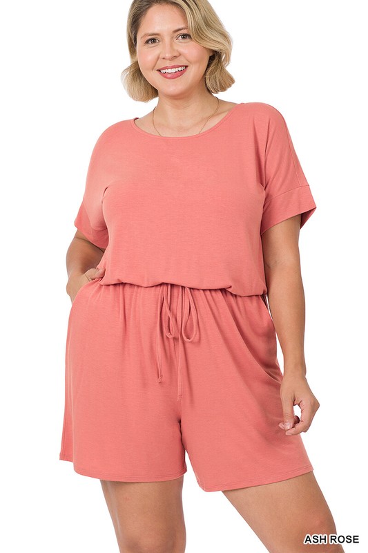 1X 2X 3X Women's Romper Elastic Waist Shorts With Pockets Short Sleeve Rayon Top