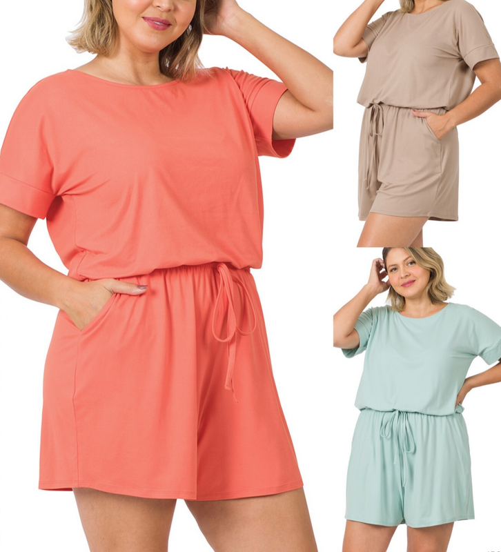 1X 2X 3X Women's Romper Elastic Waist Shorts with Pockets Short Sleeve Rayon Top