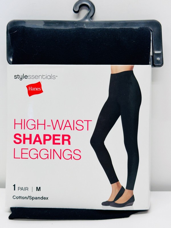2 HANES High Waist Shaper Leggings Cotton/Spandex Womens Sz M Black