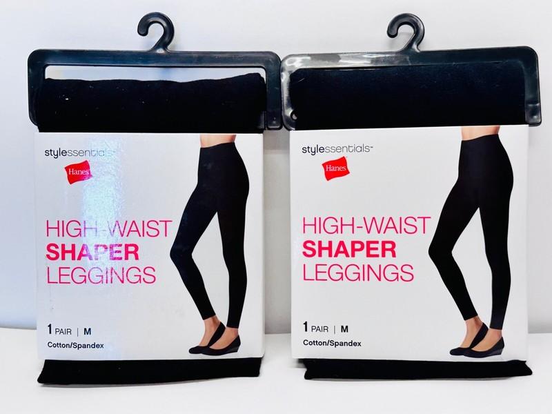 2 HANES High Waist Shaper Leggings Cotton/Spandex Womens Sz M Black