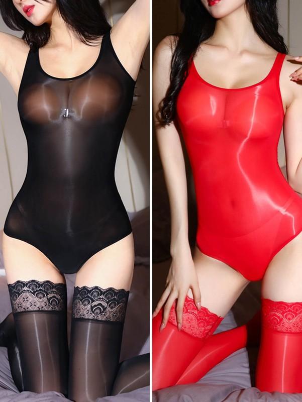 2-Set Womens Oil Shiny Glossy Leotard Bodysuit Catsuit with Thigh High Stockings