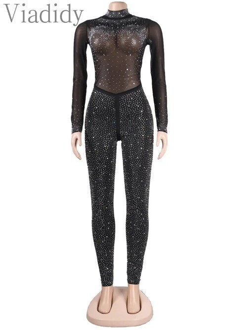2023 Fashion New Party Women Black Sexy Rhinestone Sheer Mesh Skinny Jumpsuits