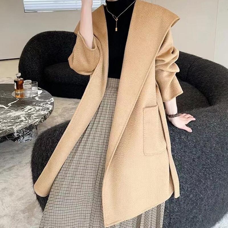 2024 Winter Womens Cashmere Wool Trench Coat Loose Lapel Collar Formal Long Coat
