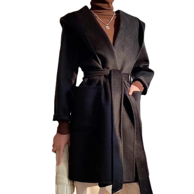 2024 Winter Womens Cashmere Wool Trench Coat Loose Lapel Collar Formal Long Coat