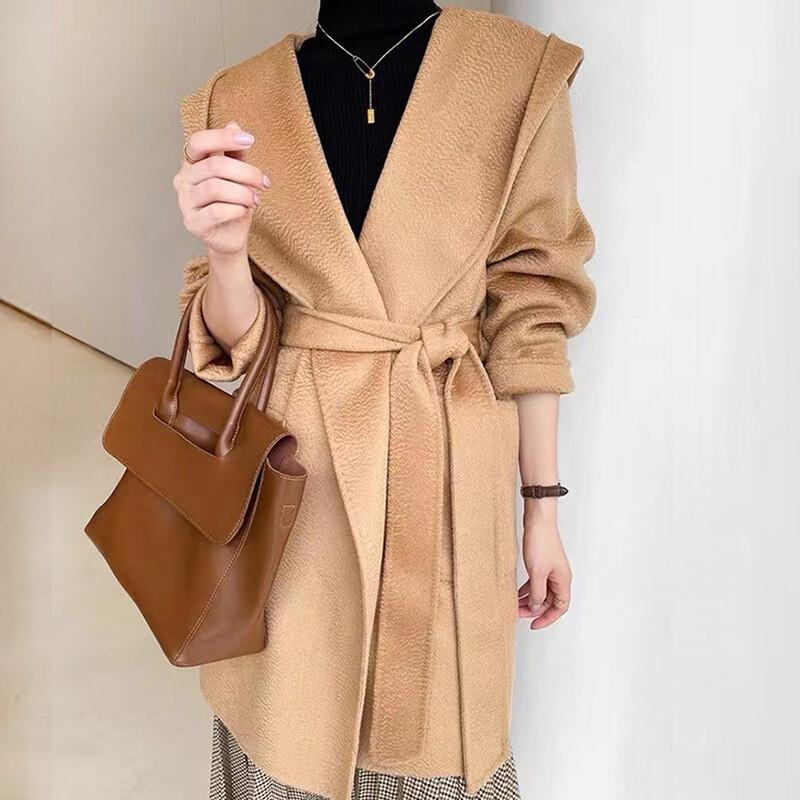 2024 Winter Womens Cashmere Wool Trench Coat Loose Lapel Collar Formal Long Coat