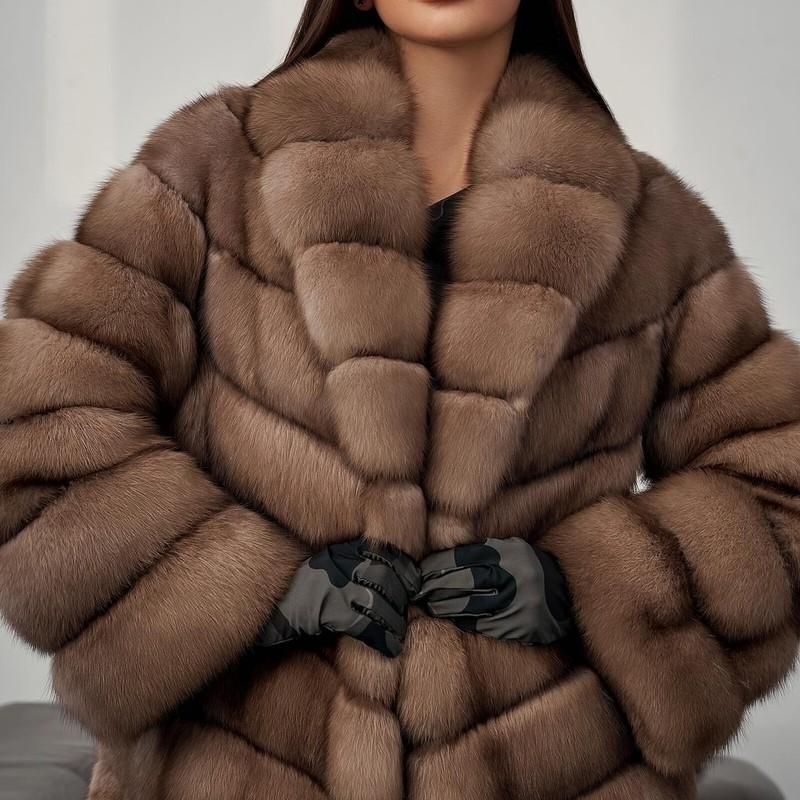 2025 New Women Real Fox Fur Coat Sable Color Jacket Winter Long Overcoat Outwear