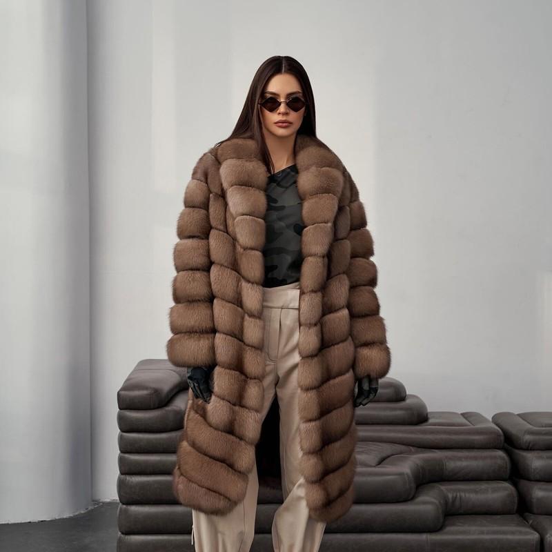 2025 New Women Real Fox Fur Coat Sable Color Jacket Winter Long Overcoat Outwear
