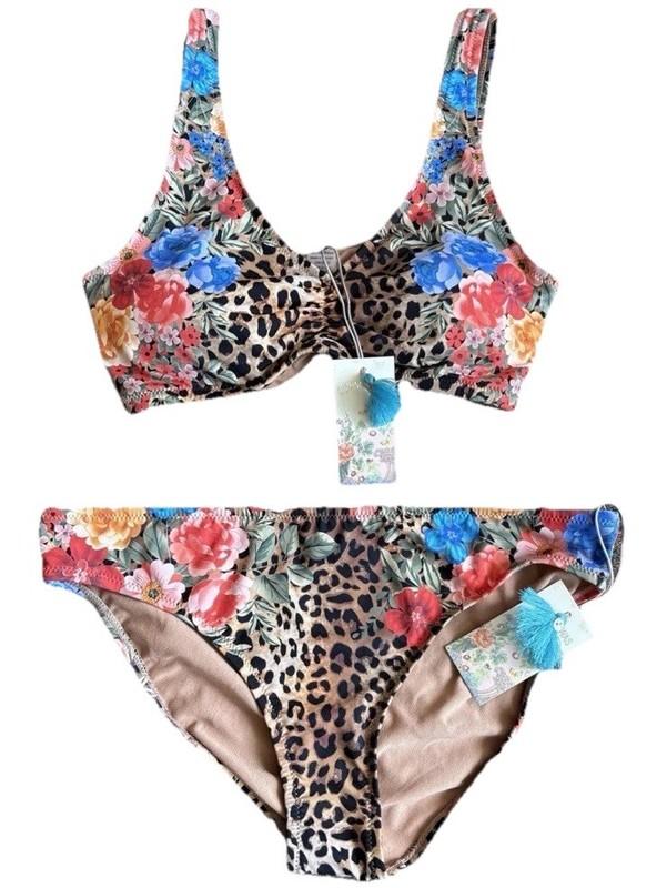 $216 JOHNNY WAS $128 CHEETAH RUCHED BIKINI TOP AND $88 BOTTOM SET 2 Pcs