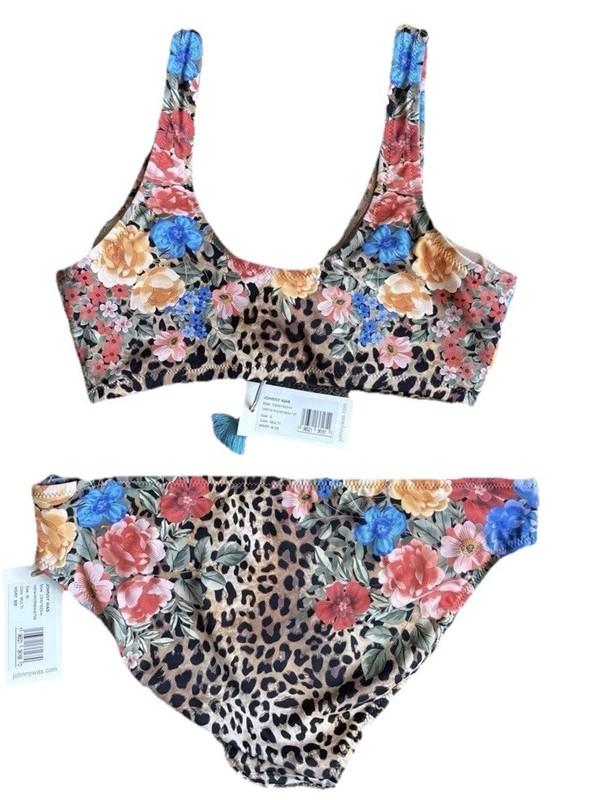 $216 JOHNNY WAS $128 CHEETAH RUCHED BIKINI TOP AND $88 BOTTOM SET 2 Pcs
