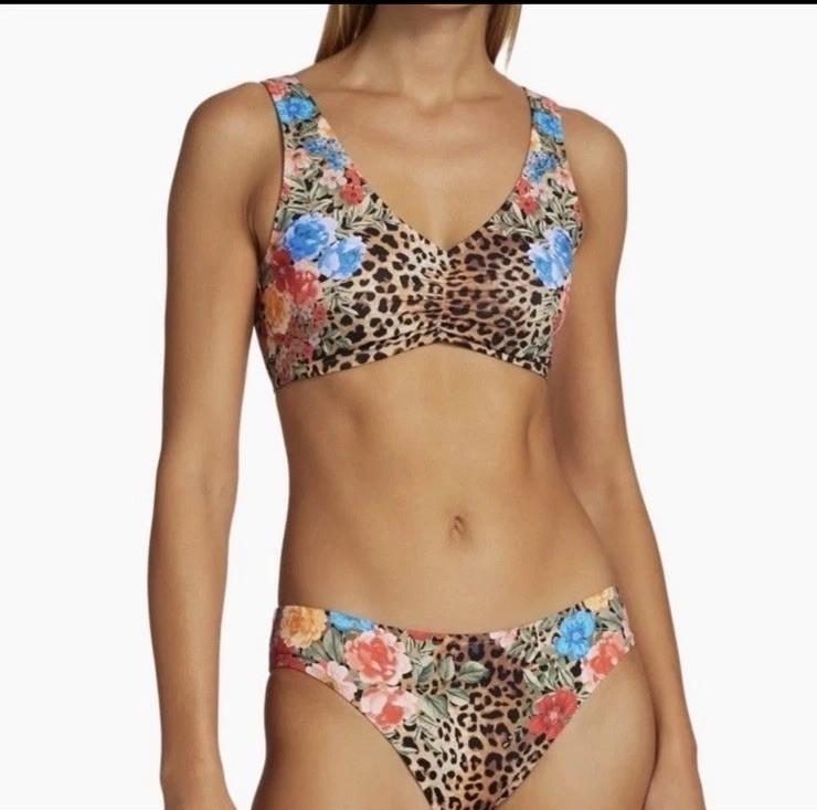 $216 JOHNNY WAS $128 CHEETAH RUCHED BIKINI TOP AND $88 BOTTOM SET 2 Pcs