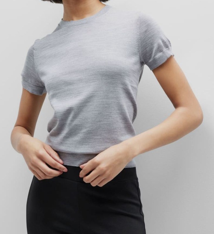 $225 Theory Women's Gray Basic Regal Wool Short-Sleeve T-Shirt Petite Size P