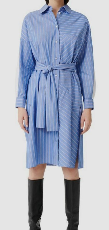 $230 Maje Women's Blue Striped Long Sleeve Sash Belt Button Shirtdress Size US 2