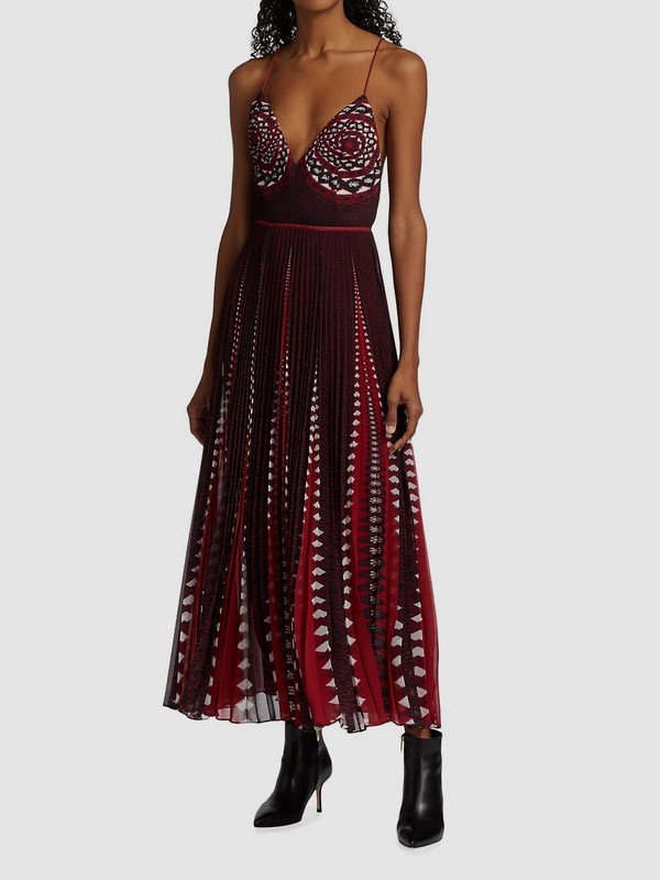 $2495 Altuzarra Women's Red Oceanid Pleated Print Midi Dress Size 40