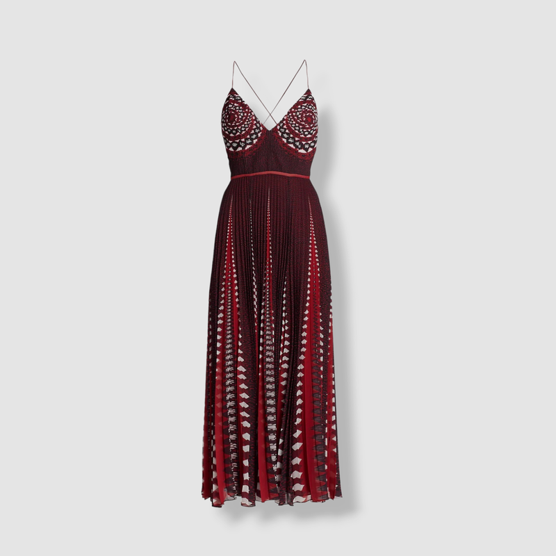 $2495 Altuzarra Women's Red Oceanid Pleated Print Midi Dress Size 40