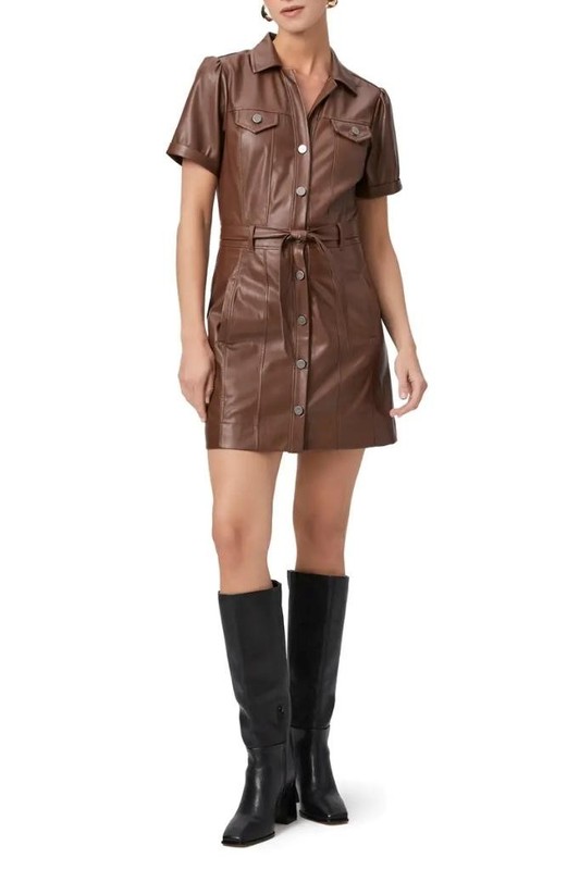$299 - PAIGE Amina Faux Leather Mini Shirtdress In Landslide Size S