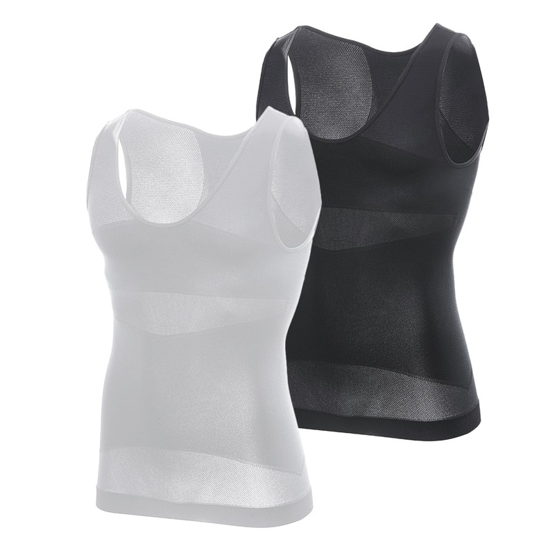 2Pcs Men's Body Slimming Shirt Compression Vest Elastic Slim Shapewear Tank Top