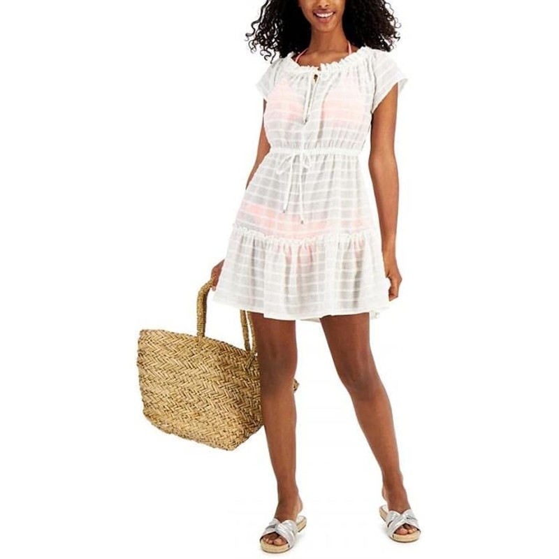 $34 MIKEN Swim Off The Shoulder Drawstring Ruffled Cover Up White Size Medium