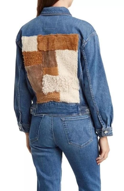 $398 - MOTHER The Back Road Sherpa Patchwork Denim Ja In Running Scissors XS