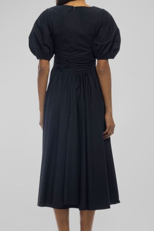 $418 Shoshanna Women's Blue Jordan Ruched Puff-Sleeve Poplin Midi Dress Size 4