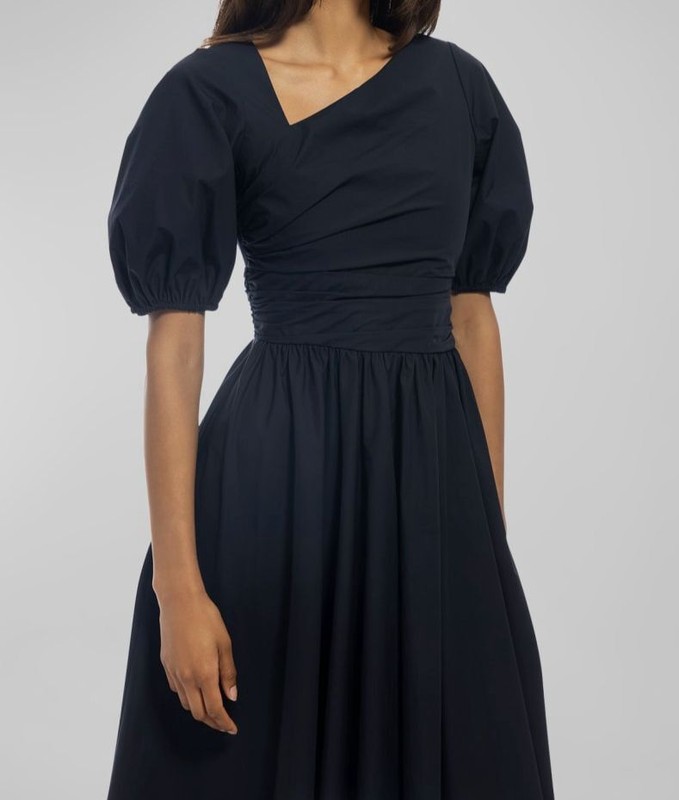 $418 Shoshanna Women's Blue Jordan Ruched Puff-Sleeve Poplin Midi Dress Size 4