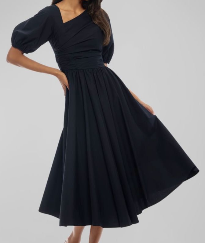 $418 Shoshanna Women's Blue Jordan Ruched Puff-Sleeve Poplin Midi Dress Size 4