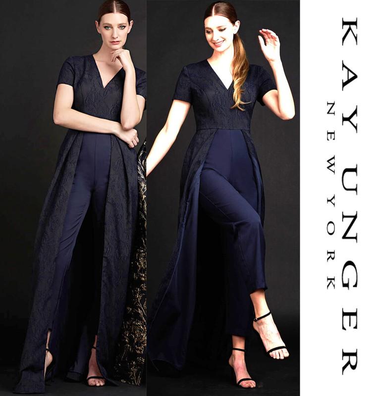 $448 NWT KAY UNGER Renata Jacquard Walk-thru Jumpsuit Dark Midnight Navy Blue 6
