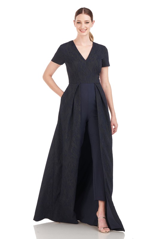 $448 NWT KAY UNGER Renata Jacquard Walk-thru Jumpsuit Dark Midnight Navy Blue 6