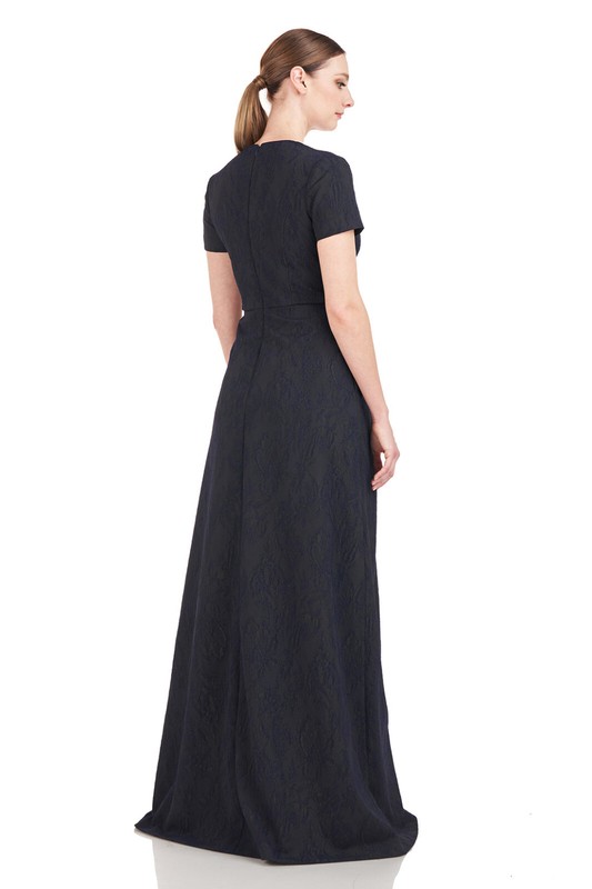 $448 NWT KAY UNGER Renata Jacquard Walk-thru Jumpsuit Dark Midnight Navy Blue 6
