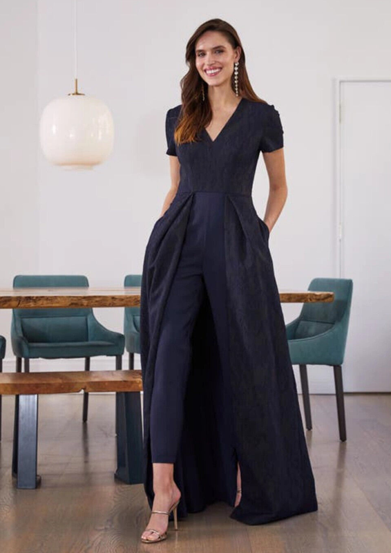 $448 NWT KAY UNGER Renata Jacquard Walk-thru Jumpsuit Dark Midnight Navy Blue 6
