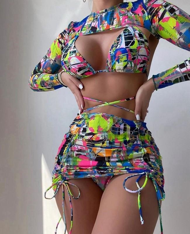 4PC Printed Bikini Set Swimsuit Women's Cover Up