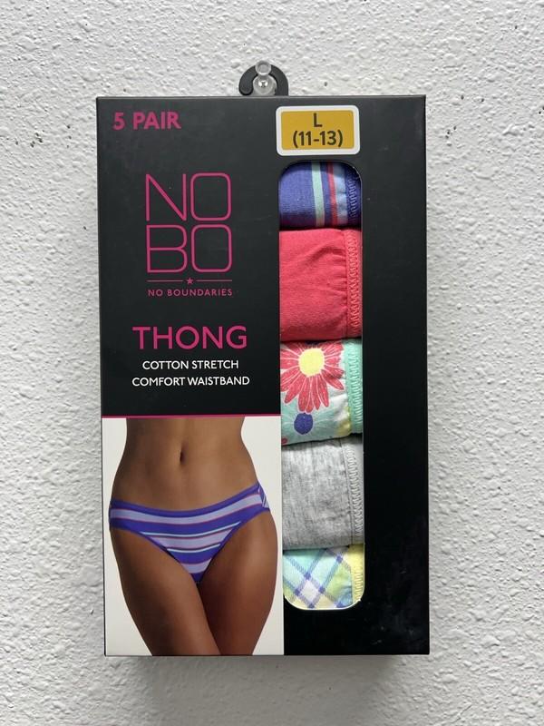 5-Pack NO BOUNDARIES Women’s L (11-13) Cotton Stretch THONG Underwear • Jersey