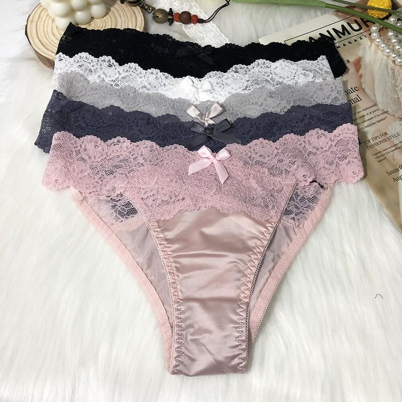 5 Packs Lot Womens Satin Panties Briefs French Lace Waist String Bikinis Thongs