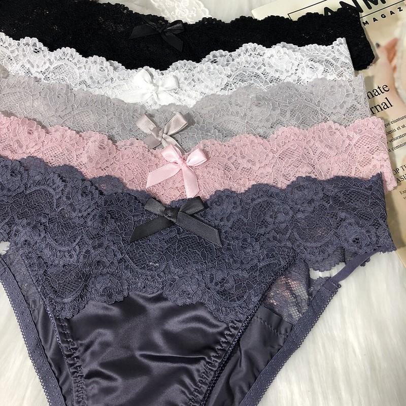 5 Packs Lot Womens Satin Panties Briefs French Lace Waist String Bikinis Thongs