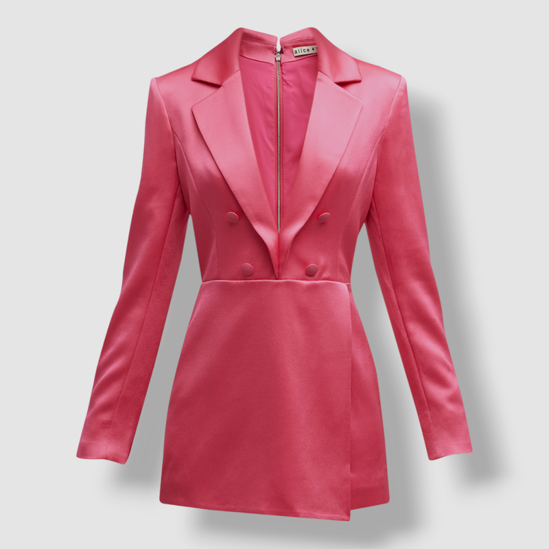$550 Alice + Olivia Women's Pink Satin Tuxedo One-Piece Mayra Romper Size 8