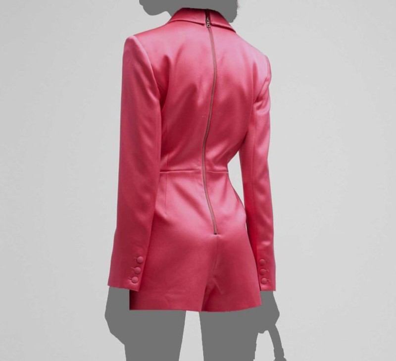 $550 Alice + Olivia Women's Pink Satin Tuxedo One-Piece Mayra Romper Size 8