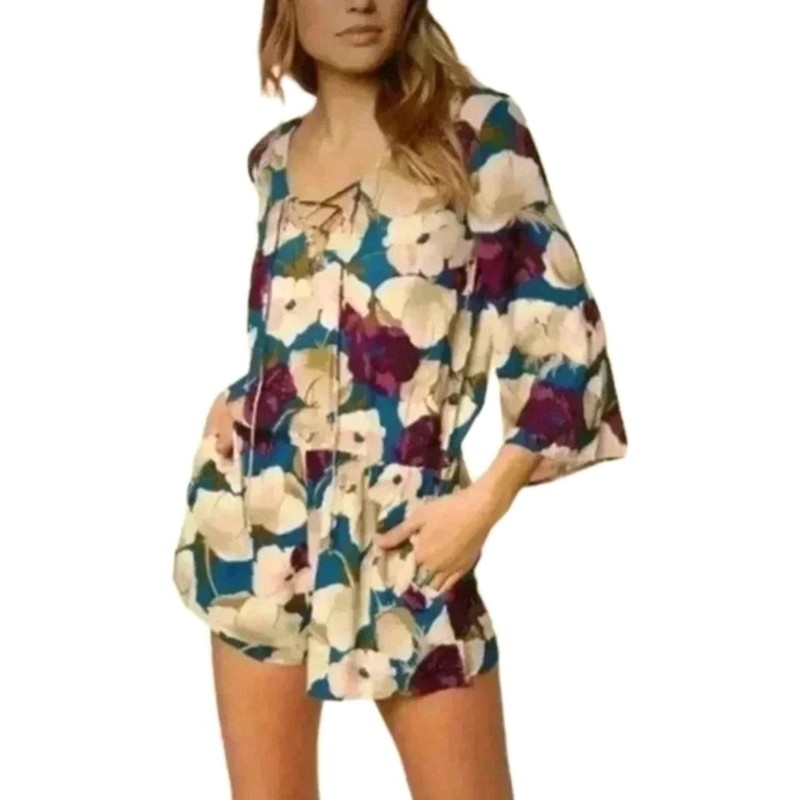 $59 O’NEILL NERI Floral Romper Long Bell Sleeve Romper Boho Beach Chic NWT XS