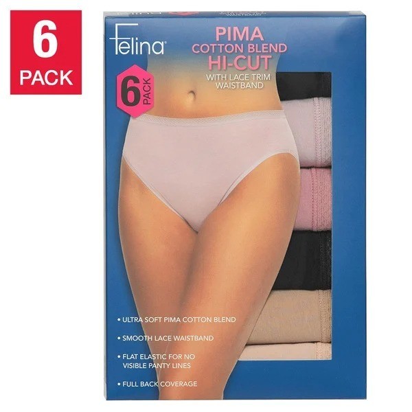 6-Pack Felina Women's Hi-Cut Brief with Lace Trim - NWT
