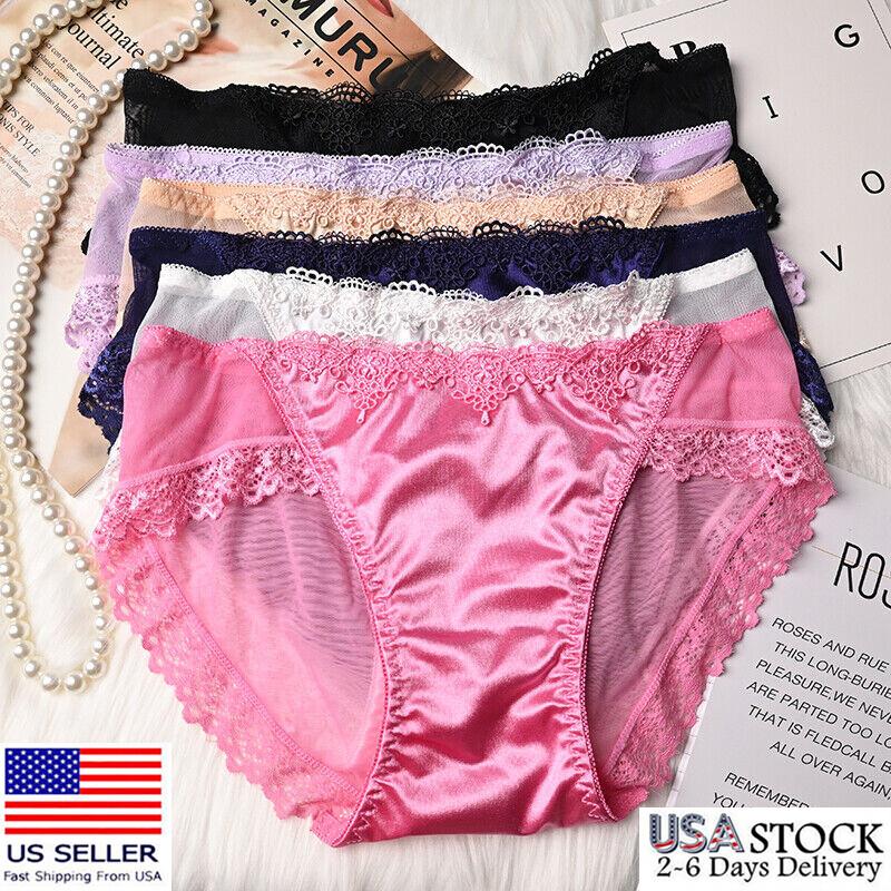 6 Packs Lot Women Sexy Satin Panties Full Briefs Lace Sheer Underwear Lingeries