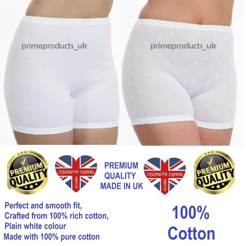 6 X PAIRS LADIES WOMEN 100% COTTON INTERLOCK CUFF LEG PANTIES WHITE (UK MADE)