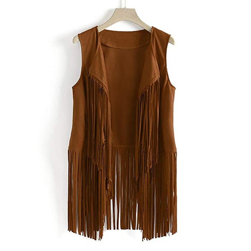70s Retro Hippie Faux Suede Sleeveless Tassels Fringe Vest Cardigan Jacket Women