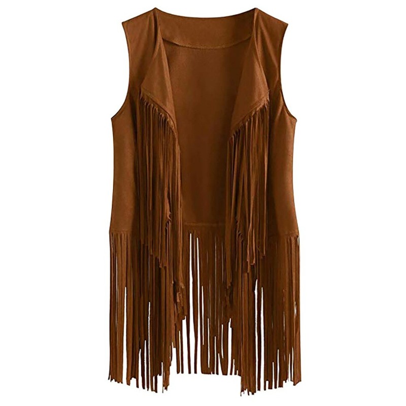 70s Retro Hippie Faux Suede Sleeveless Tassels Fringe Vest Cardigan Jacket Women