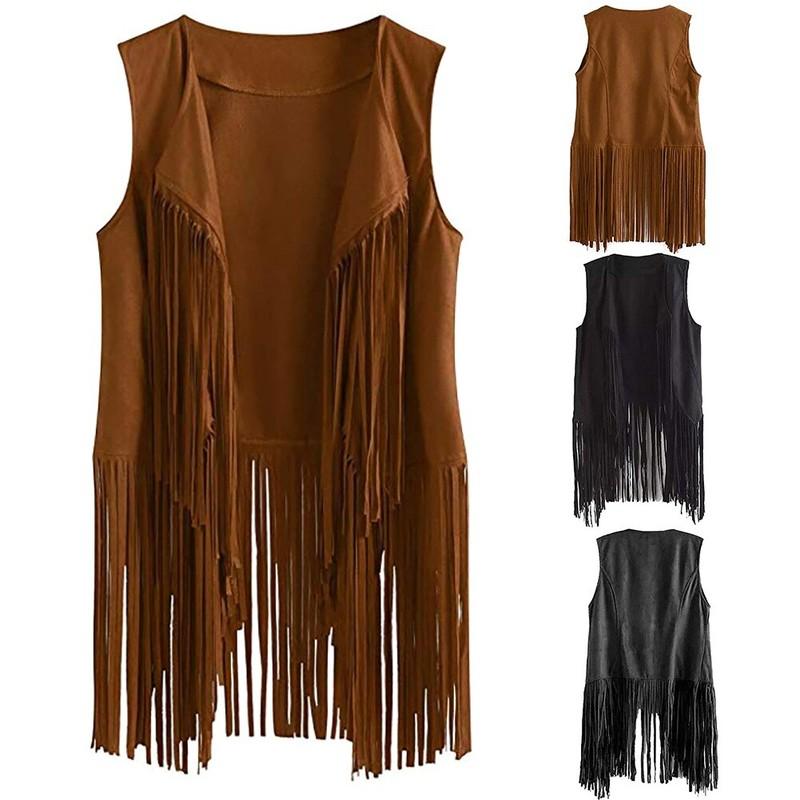70s Retro Hippie Faux Suede Sleeveless Tassels Fringe Vest Cardigan Jacket Women