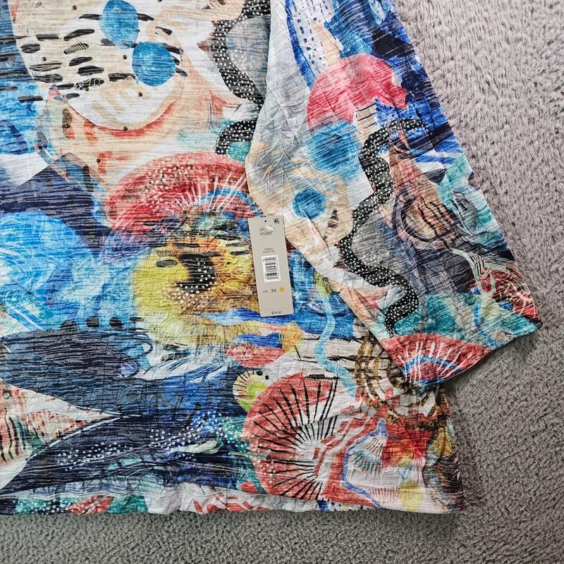 $74 New Ali Miles Top Blouse Women 3X Stretch Colorful Geometric Multicolor