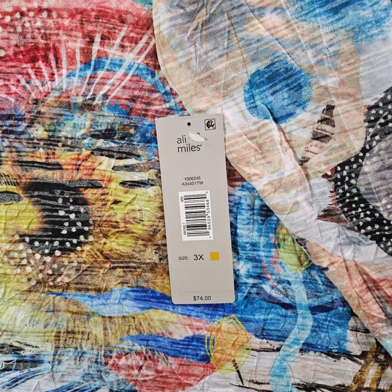 $74 New Ali Miles Top Blouse Women 3X Stretch Colorful Geometric Multicolor