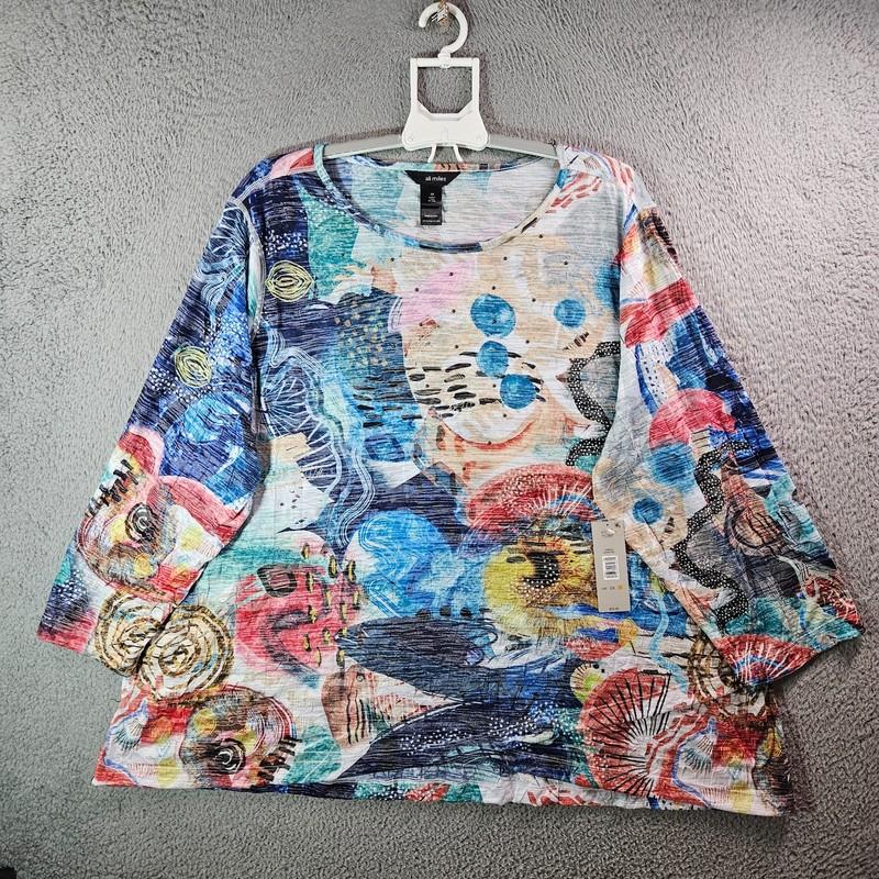 $74 New Ali Miles Top Blouse Women 3X Stretch Colorful Geometric Multicolor
