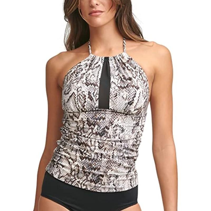 $88 Calvin Klein Snake Print Lined Stretch Mesh Halter Tankini Top Beige Large